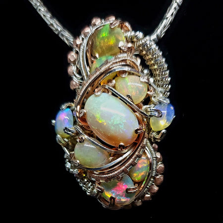 Giant Welo Opal Pendant in Sterling Silver and Rose Gold Filled Wire 