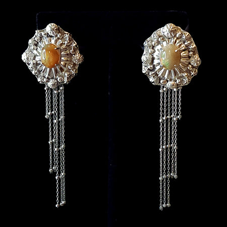 Art Deco Welo Opal Fine Silver Stud Concho Earrings with Detachable Dangle Chain Detail