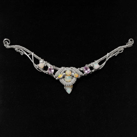 Welo Opal & Amethyst Sterling Silver Wire Wrap Festoon Necklace Pendant