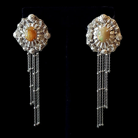 Art Deco Welo Opal Fine Silver Stud Concho Earrings with Detachable Dangle Chain Detail 