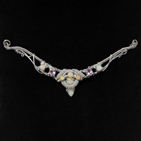 Welo Opal & Amethyst Sterling Silver Wire Wrap Festoon Necklace Pendant 